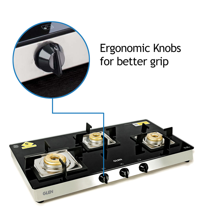 3 Burner Glass Gas Stove with High Flame Forged Brass Burner (CT1038SQGTFB) - Manual/Auto Ignition