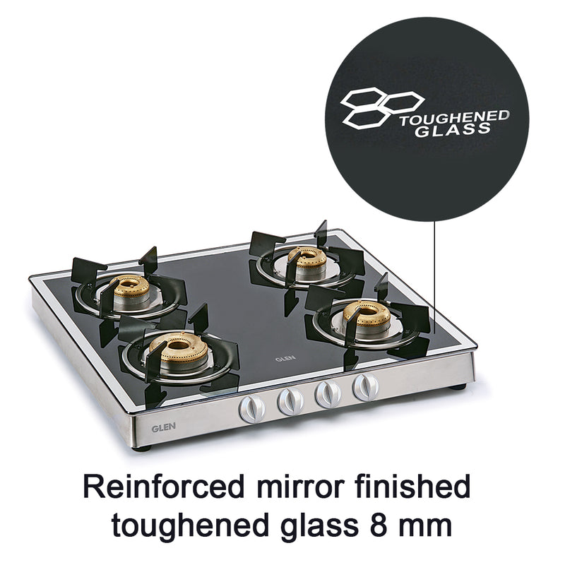 4 Burner Glass Gas Stove Mirror Finish 1 High Flame 3 Forged Brass Burner 60 CM (CT1042GTFBM) - Manual/Auto Ignition