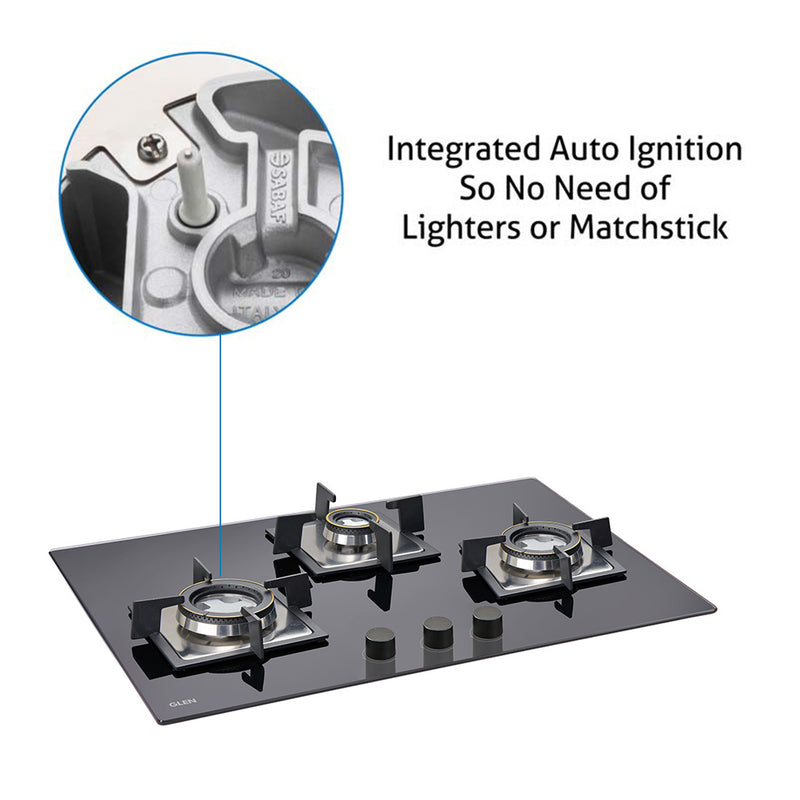 3 Burner Built In Glass Hob with Double Ring Forged Brass Burners Auto Ignition (1073 SQ DB)