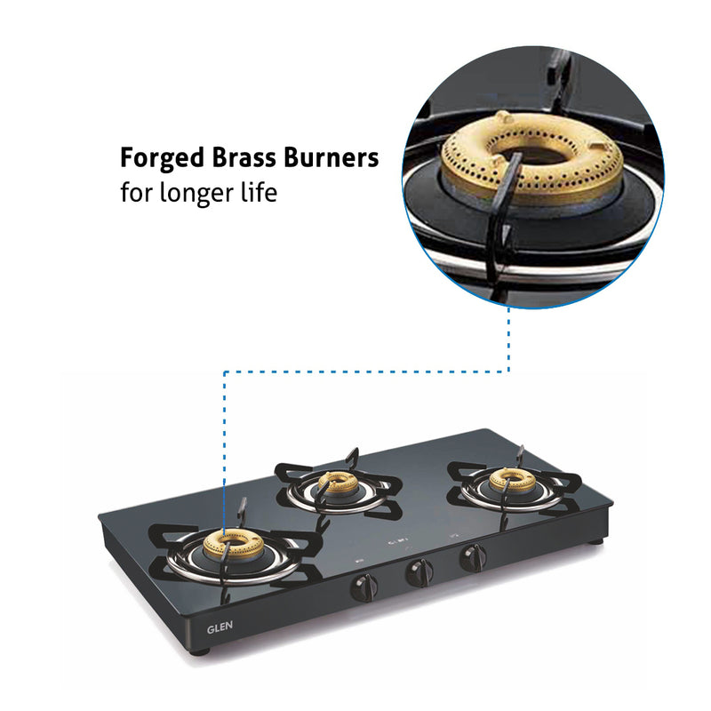 3 Burner Glass Gas Stove with High Flame Forged Brass Burner Double Drip Tray Black (CT1038GTFBDDBL) - Manual/Auto Ignition