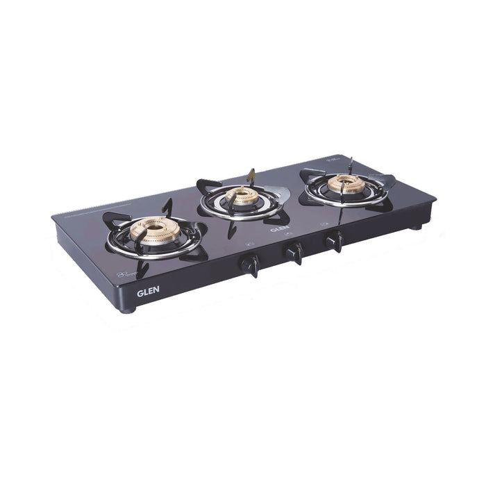 3 Burner Glass Gas Stove with High Flame Brass Burner Extra Large Black