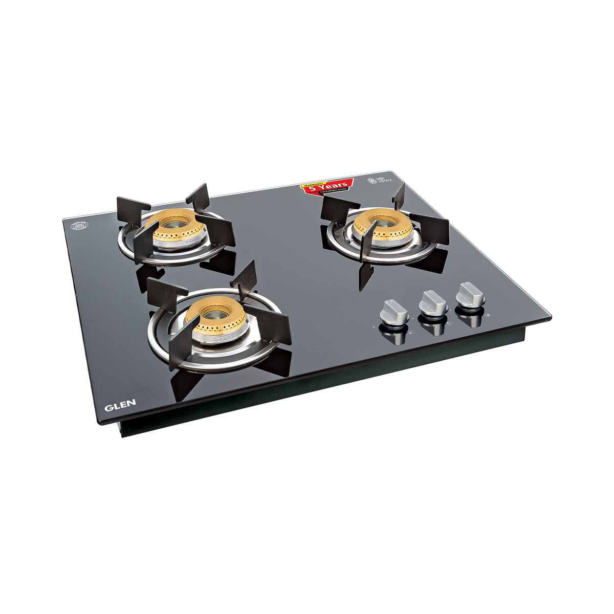 Glen - 3 Burner Glass Hob Top with Italian Double Ring Brass Burners Auto Ignition (1063 RO IN HT BB)