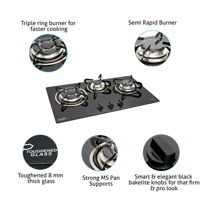 3 Burner Built in Glass Hob (1073 TR) + Chimney 60cm Baffle Filter 1000m3h (6070 JU BL)