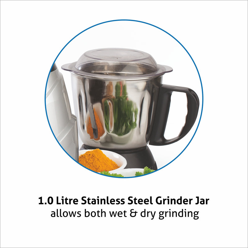 Mixer Grinder 750W 100% Copper Motor, 1 Transparent Jar, 3 Stainless Steel Jars, - Silver (4022 PLAT PLUS)