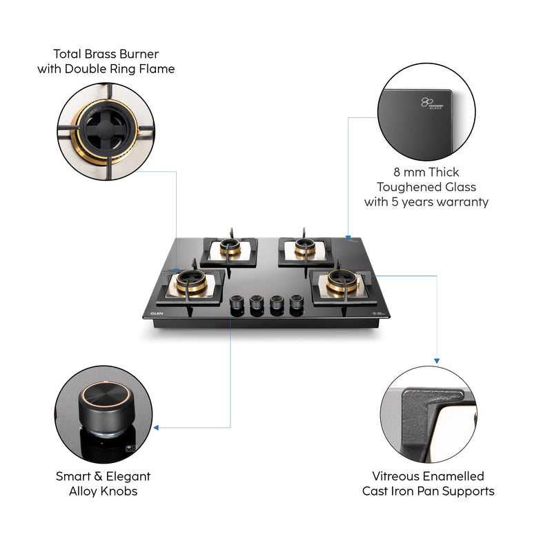 4 Burner Glass Gas Hob Top with Total Double Ring Brass Burner (1074CIHTTDB)