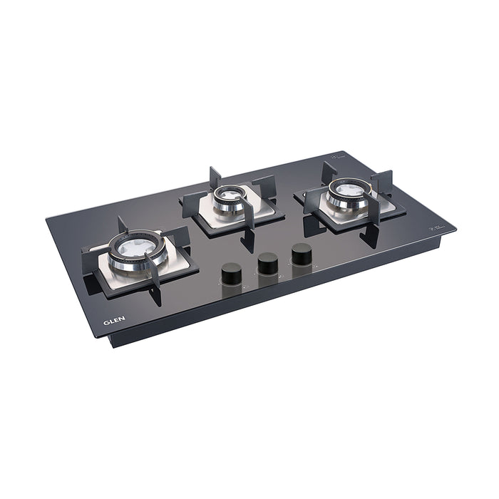 3 Burner Glass Hob Top with Double Ring Forged Brass Burners Auto Ignition (1073 SQ HT DB)