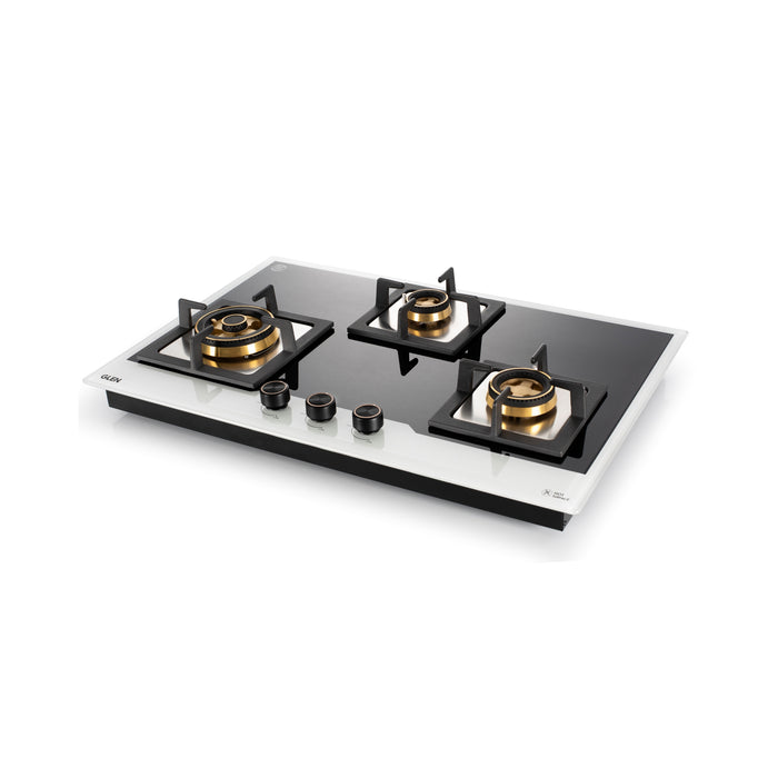 3 Burner Black and White Glass Gas Hob Top with Triple Ring, Total Double Ring Brass Burner (BH1073XLCIHTTDBBW)