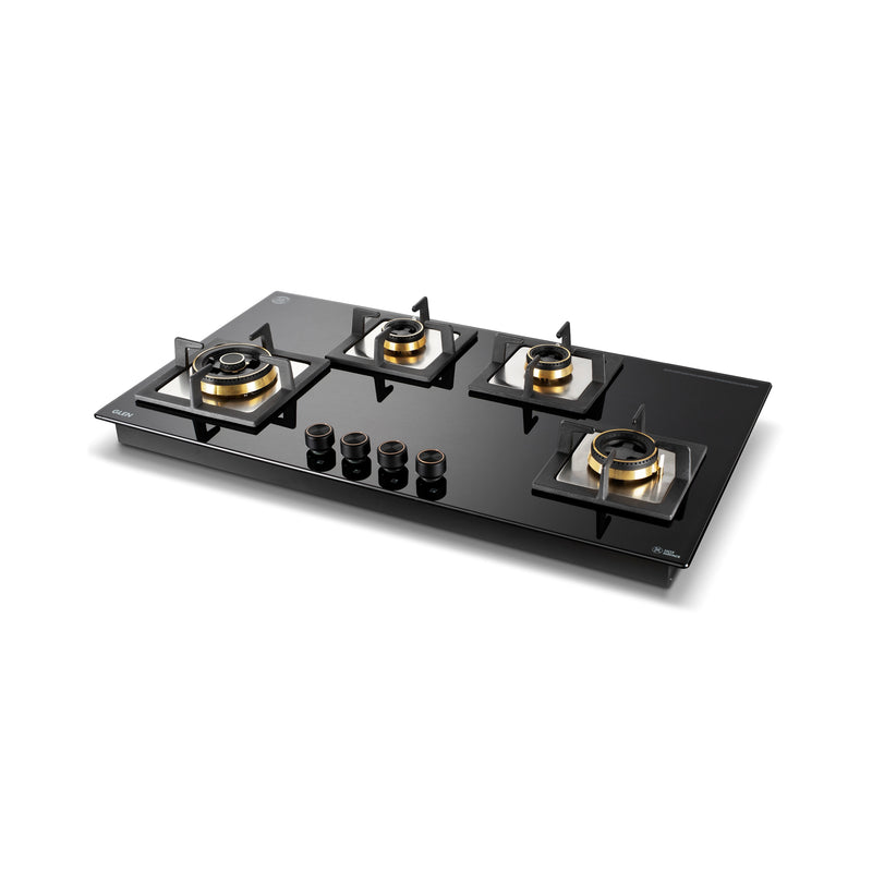 4 Burner Glass Gas Hob Top with Triple Ring, Total Double Ring Brass Burner (1094XLCIHTTDBTR)