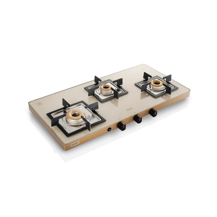3 Burner Ultra Slim Apricot Glass Gas Stove with High Flame Forged Brass Burner - Manual / Auto Ignition (CT1035US)