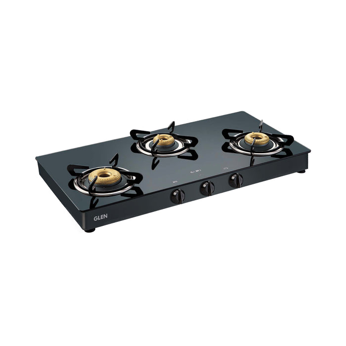 3 Burner  Glass Gas Stove with High Flame Forged Brass Burner Double Drip Tray Black (1038GTFBDDBL)