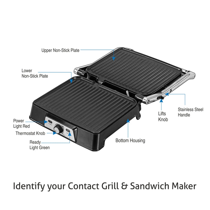 Electric Contact Grill & Sandwich Maker with 180-degree opening, Non-Stick Plates, 2000w - Silver (3037)