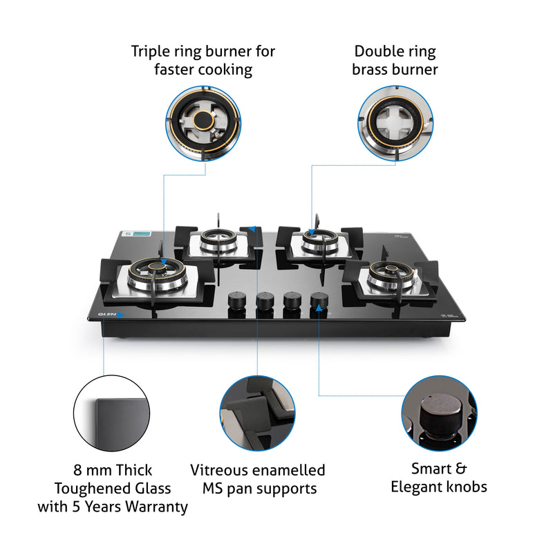 4 Burner Glass Gas Hob Top Triple Ring Burners Double Ring Forged Brass Burner Auto Ignition (1074SQHT2TR)