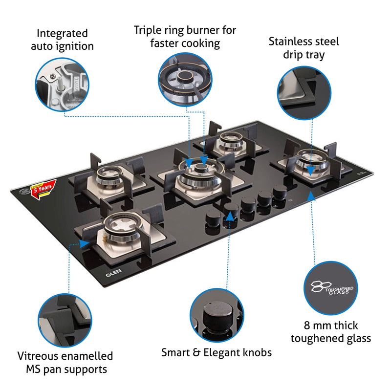 5 Burner Built-in Glass Gas Hob Triple Ring Burner Double Ring Forged Brass Burner Auto Ignition (1095 SQDBTR)