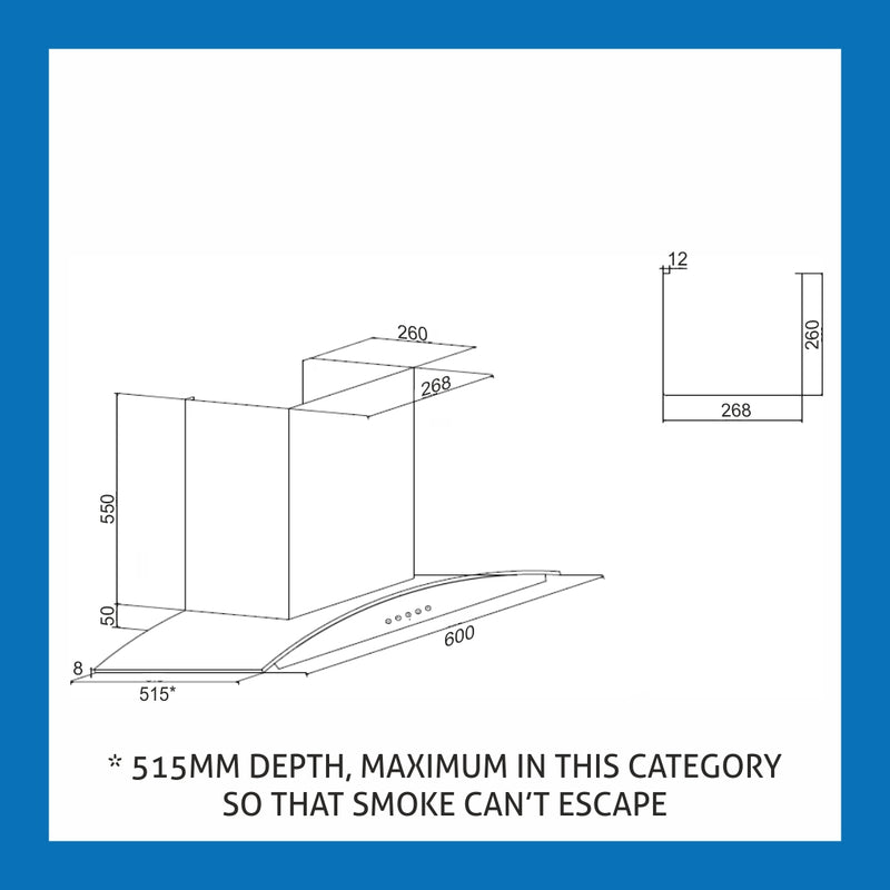 Kitchen Chimney Curved Glass, Push Buttons Baffle filter 60cm 1000 m3/h -Silver (6023 SX)