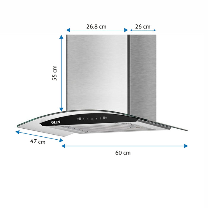 Auto Clean Chimney Curved Glass Baffle Filters with Motion Sensor 60/90cm 1200 m³/h - Silver (6063 SS)