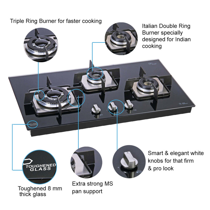 3 Burner Glass Hob Triple Ring Burner Italian Double Ring Burner Auto Ignition (1073 SQHTINTR)