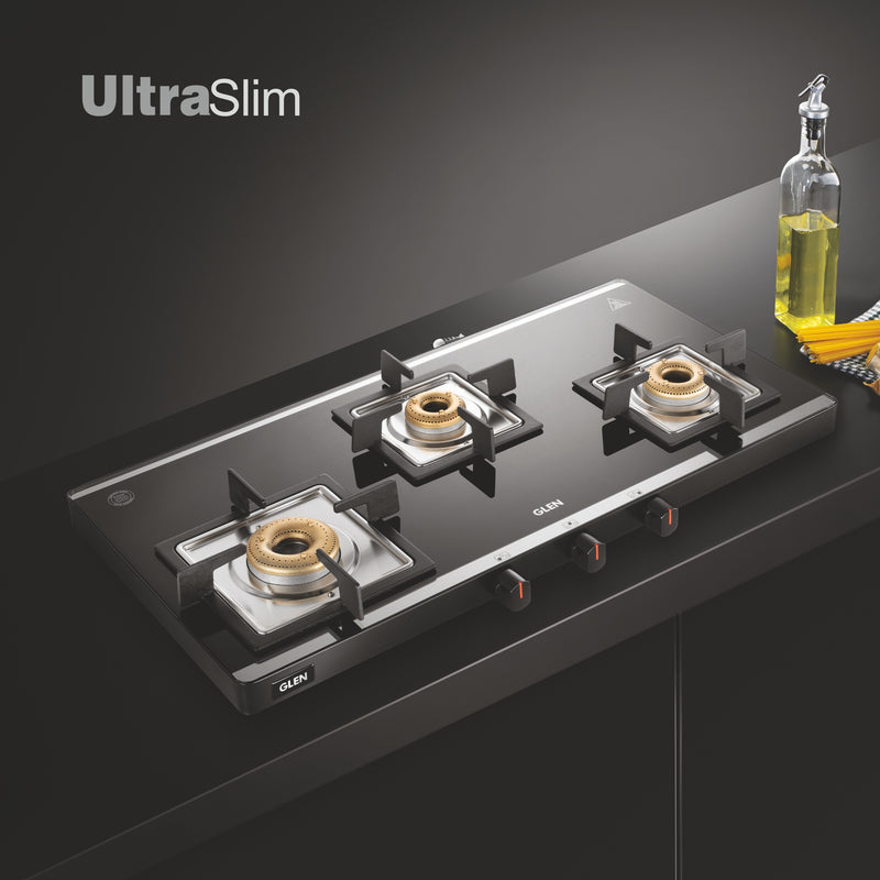 3 Burner Ultra Slim Mirror Glass Gas Stove with High Flame Forged Brass Burner - Manual / Auto Ignition (CT1035USMI)