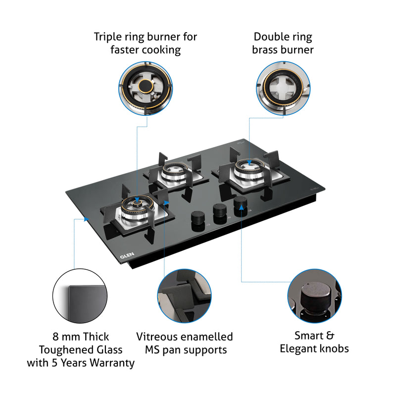 3 Burner Glass Hob Top Mini Triple Ring Burner Double Ring Forged Brass Burners Auto Ignition (1073SQHTMTR)