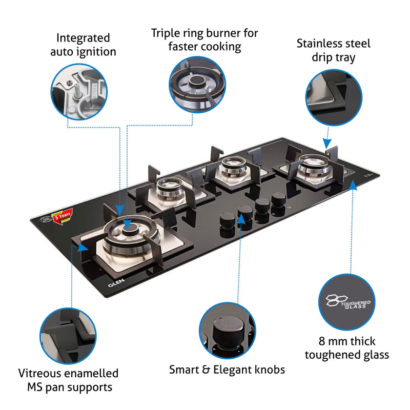 4 Burner Built-in Glass Gas Hob Triple Ring Burner Double Ring Forged Brass Burner Auto Ignition (1094 SQDBTR)
