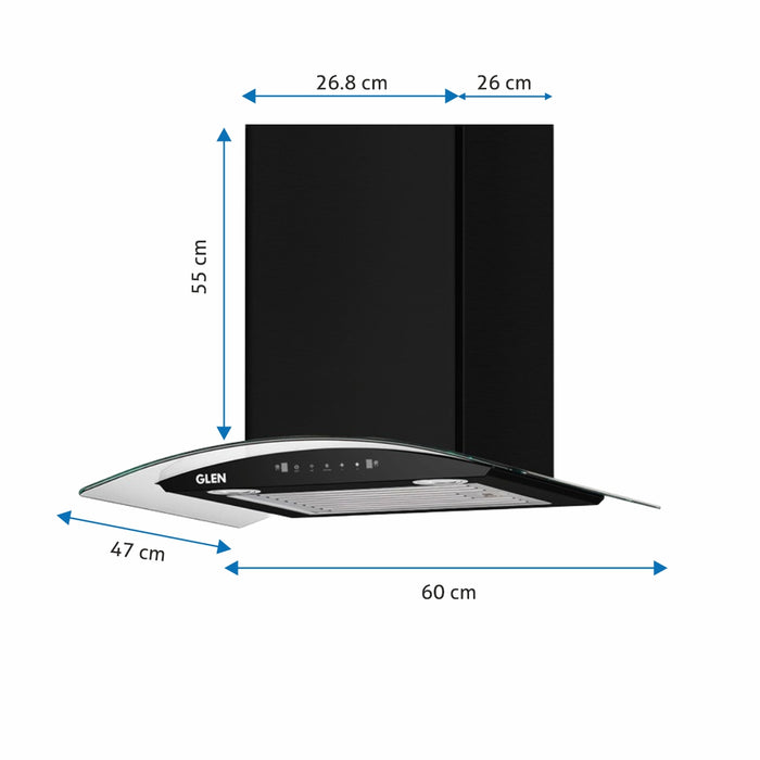 Auto Clean Chimney Curved Glass Baffle Filters with Motion Sensor 60/90cm 1200 m³/h - Black (6063 BL)