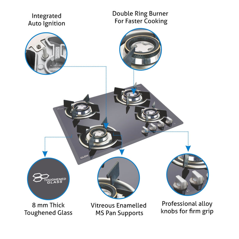 4 Burner Built in Glass Hob with Double Ring Forged Brass Burner Auto Ignition (1064 DLX DB)