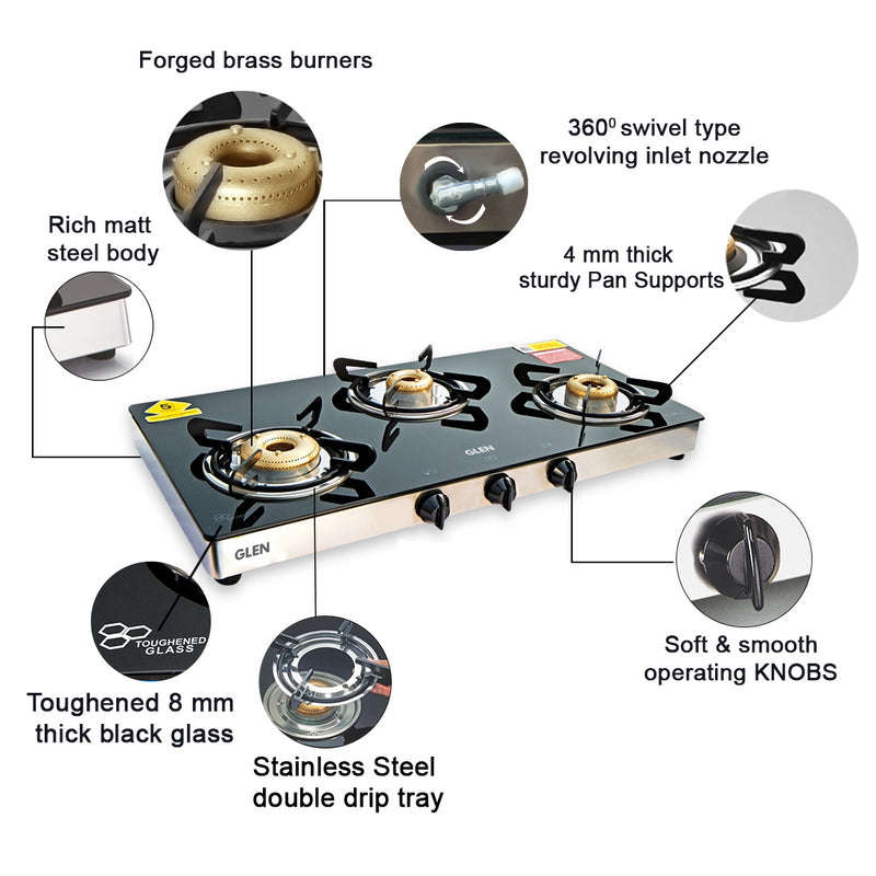 3 Burner Glass Gas Stove High Flame Forged Brass Burner XL Double Drip Tray (CT1033GTXLFBDD) - Manual/Auto Ignition