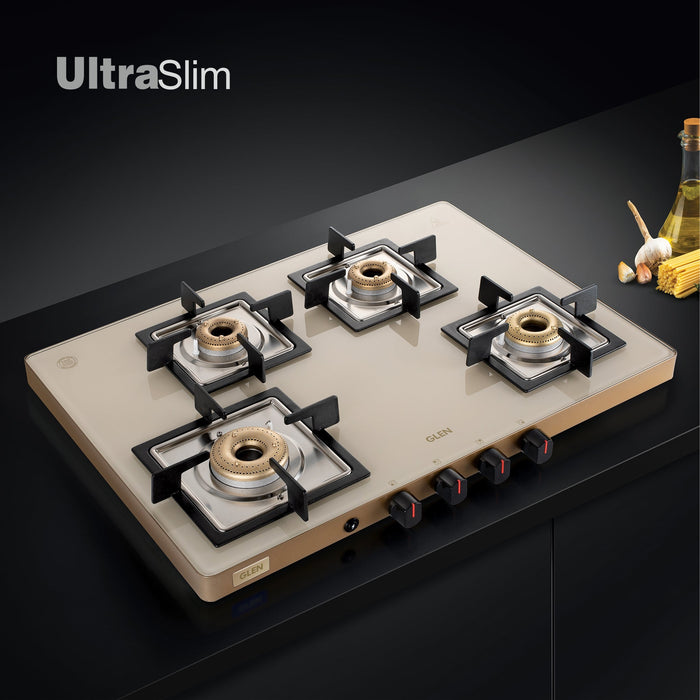 4 Burner Ultra Slim Apricot Glass Gas Stove 1 High Flame 3 Forged Brass Burner - Manual / Auto Ignition (1047 US)