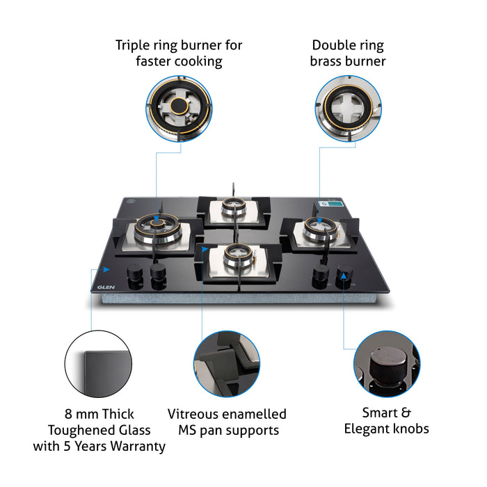 4 Burner Glass Gas Hob Top Triple Ring Burner Double Ring Forged Brass Burner Auto Ignition (1074XSQHTTR70)