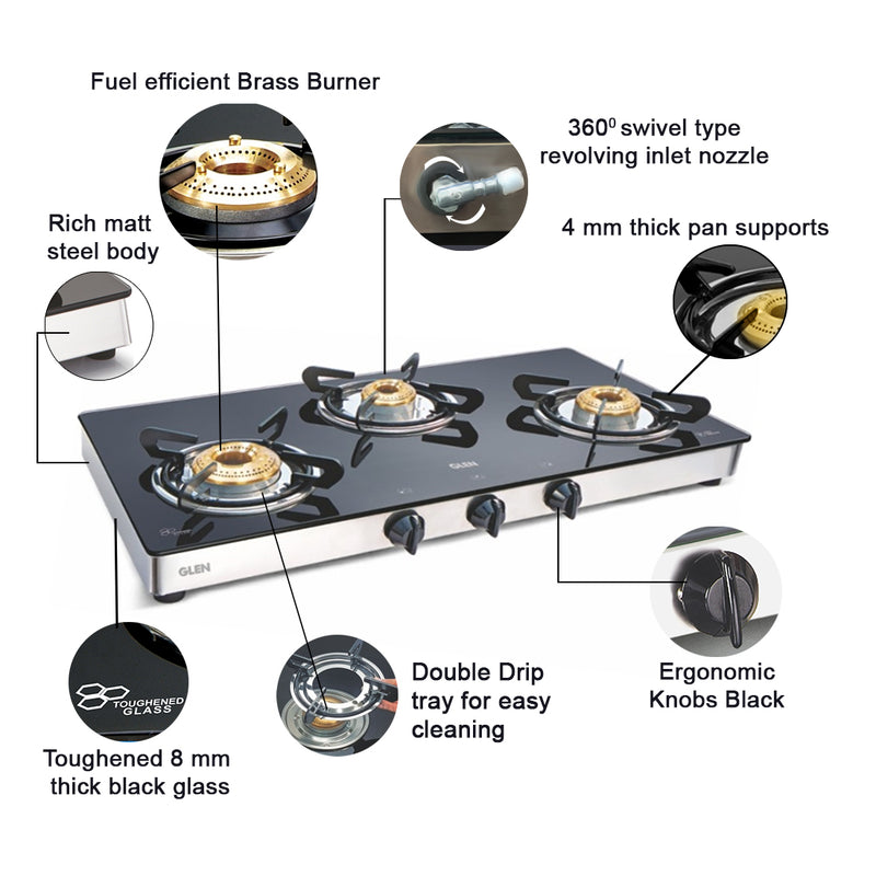 3 Burner Glass Gas Stove 1 High Flame 2 Brass Burners Double Drip trays (Z18242L)