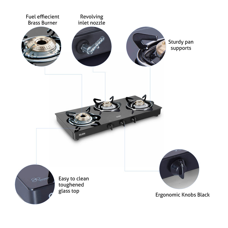 3 Burner Glass Gas Stove with High Flame Brass Burner Double Drip Tray (CT032GTHFBBDDBL) - Manual/Auto Ignition