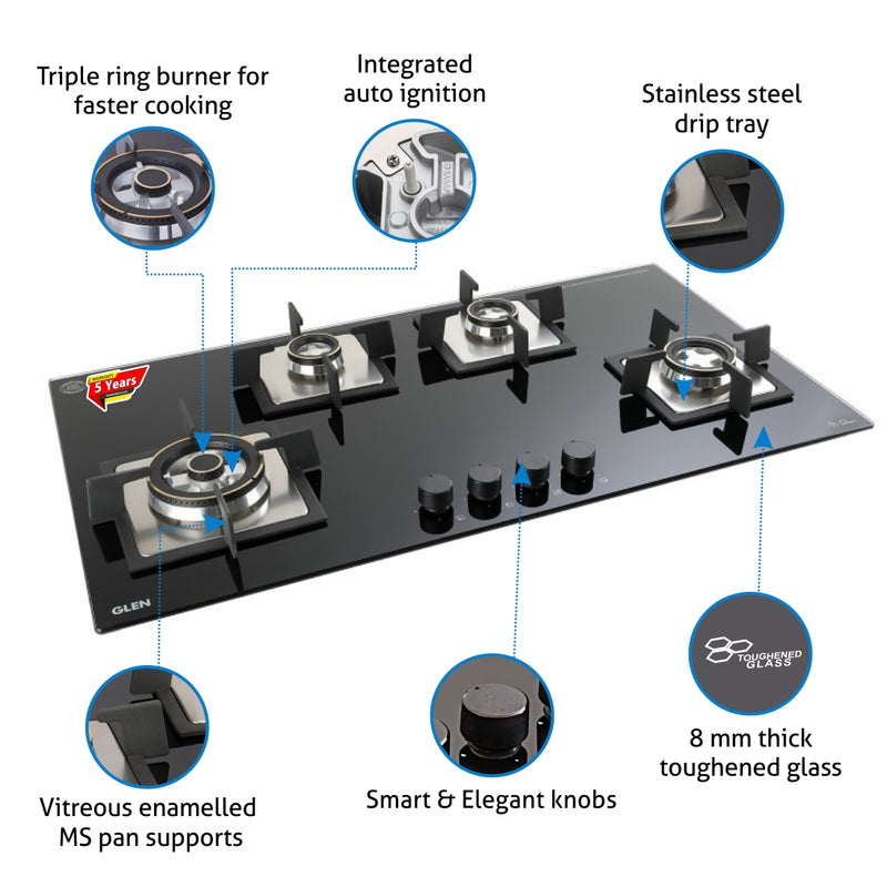 4 Burner Built-in Glass Gas Hob Triple Ring Double Ring Forged Brass Burner Auto Ignition (1094XL SQDBTR)