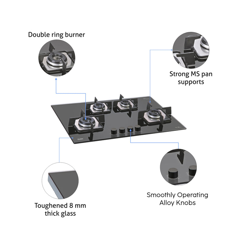 4 Burner Built-in Glass Gas Hob with Italian Double Ring Burner Auto Ignition (1074 SQ IN)