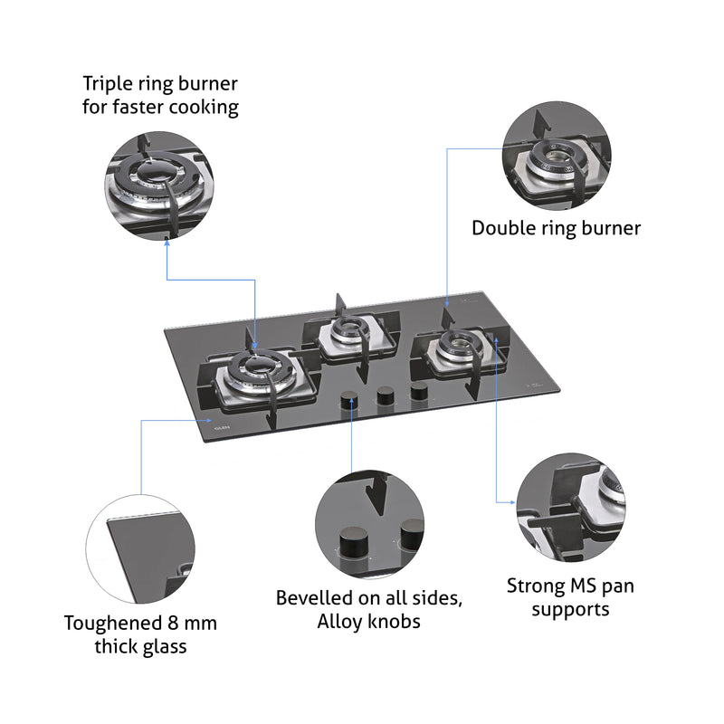 3 Burner Built in Glass Hob Triple Ring Burner Italian Double Ring Burner Auto Ignition (1073 SQ IN TR)