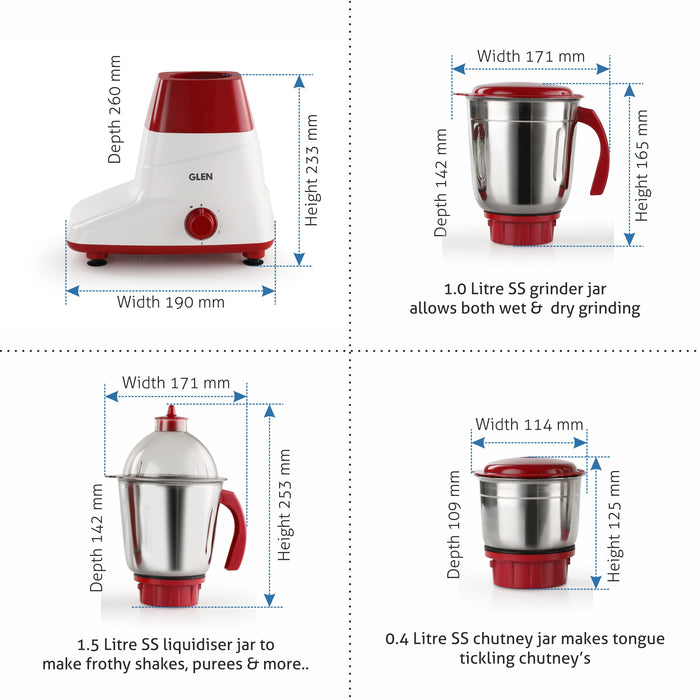Mixer Grinder 500W with 3 Stainless Steel Liquidiser, Grinder and Chutney Jars - Red (4025LX)