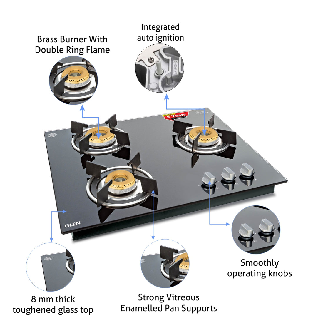 Buy 3 Burner Built in Glass Gas Hob with Auto Ignition Online Glen