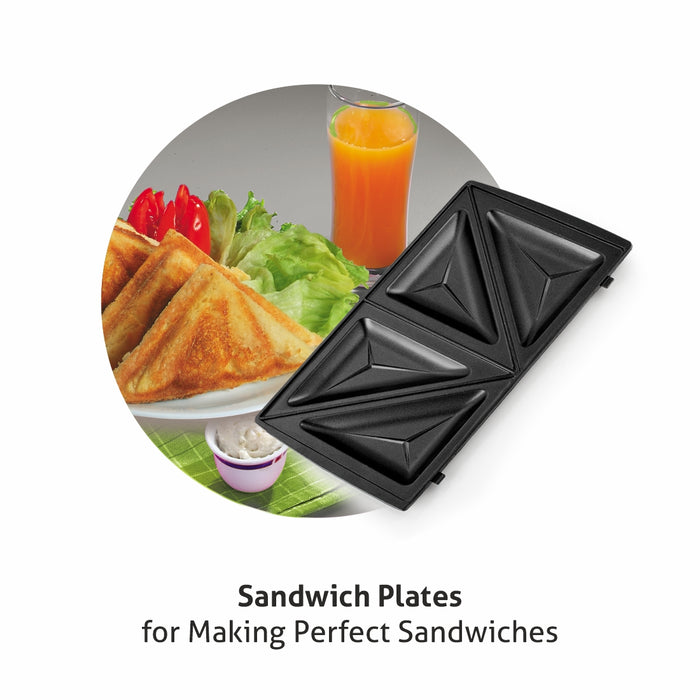 Electric Multi Snack Maker with 3 sets of Sandwich, Grill & Waffle Non-Stick Plates, 750w - Black (3022 MSM)