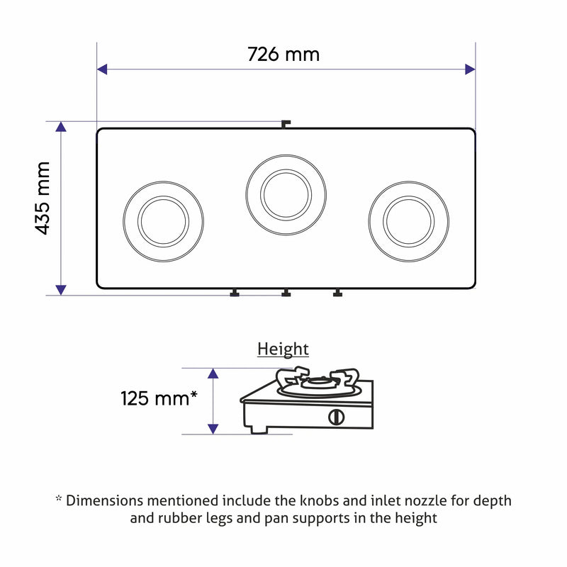 3 Burner Glass Gas Stove with High Flame Brass Burner Double Drip Tray (CT032GTHFBBDDBL) - Manual/Auto Ignition