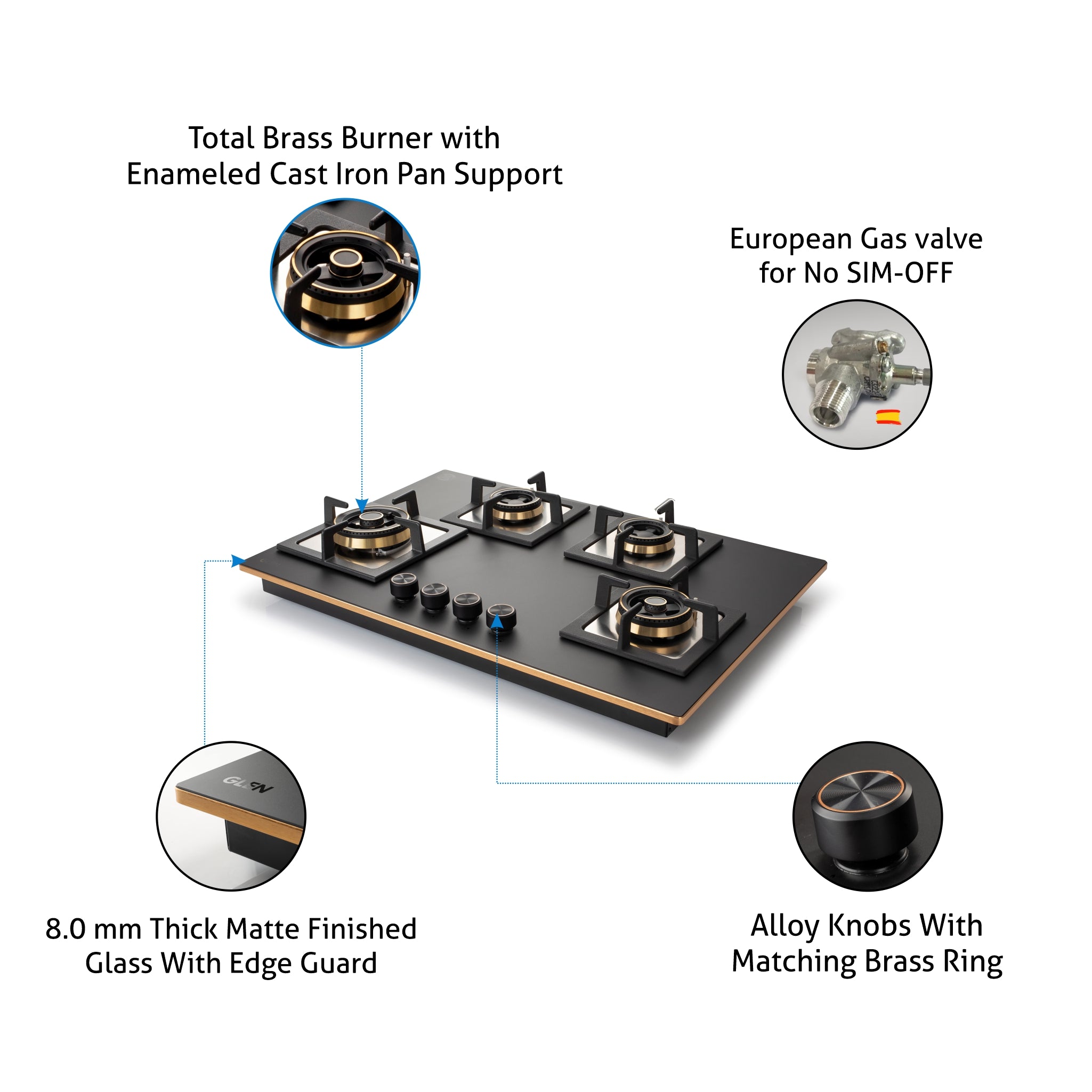 Buy 4-Burner Glass Gas Hob Top with Brass Burners at Best Prices