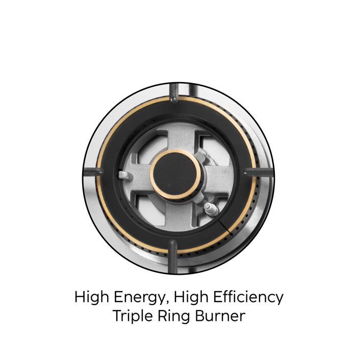 3 Burner Glass Hob Top Triple Ring Burner Double Ring Forged Brass Burners Auto Ignition (1073 XL SQ HT DB TR BW77)