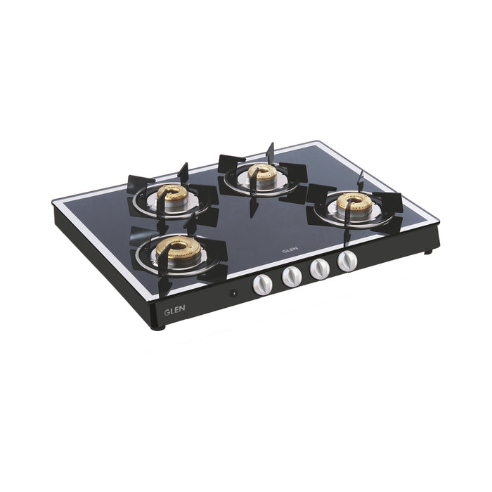4 Burner Glass Gas Stove Mirror Finish 1 High Flame 3 Forged Brass Burners Auto Ign 70 CM Black (1048GT FBMBLAI)