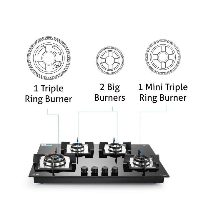 4 Burner Glass Gas Hob Top Triple Ring Burners Double Ring Forged Brass Burner Auto Ignition (1074SQHT2TR)