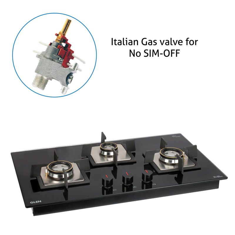 3 Burner Glass Hob with italian gas valve