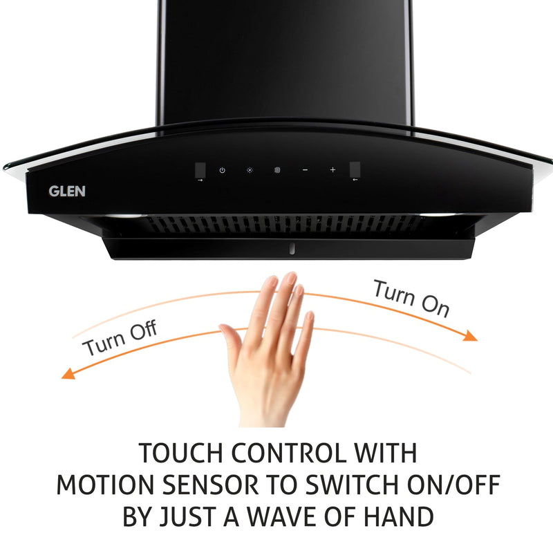 Auto Clean Chimney Curved Glass Filterless with Motion Sensor, 60/76/90cm 1200 m³/h -Black (6080 BL MS AC)