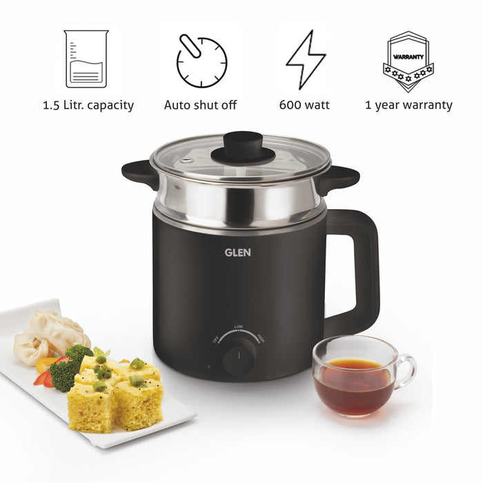 Multi Cook Electric Kettle, 1.5 Litre Steam, Cook & Boil 600W- Silver and Black (9016)