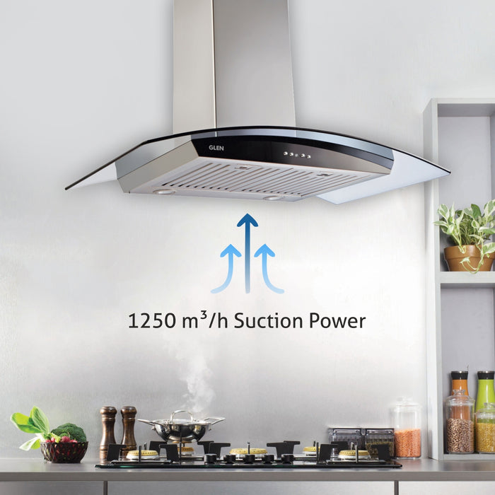 Kitchen Chimney Curved Glass, Push Buttons Italian Motor, Baffle filter 90cm 1250 m3/h -Silver (6071 GF)