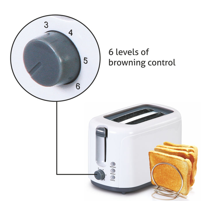 Electric Auto Pop-up 2 Slice Toaster, 750W, 6 Level Browning Control, Removable Crumb Tray - White (3019)