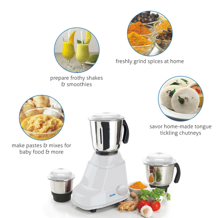 Mixer Grinder 500W With 3 Stainless Steel Blender, Grinder, Chutney Jars Stainless Steel Blades - White, Black, Red (4020)