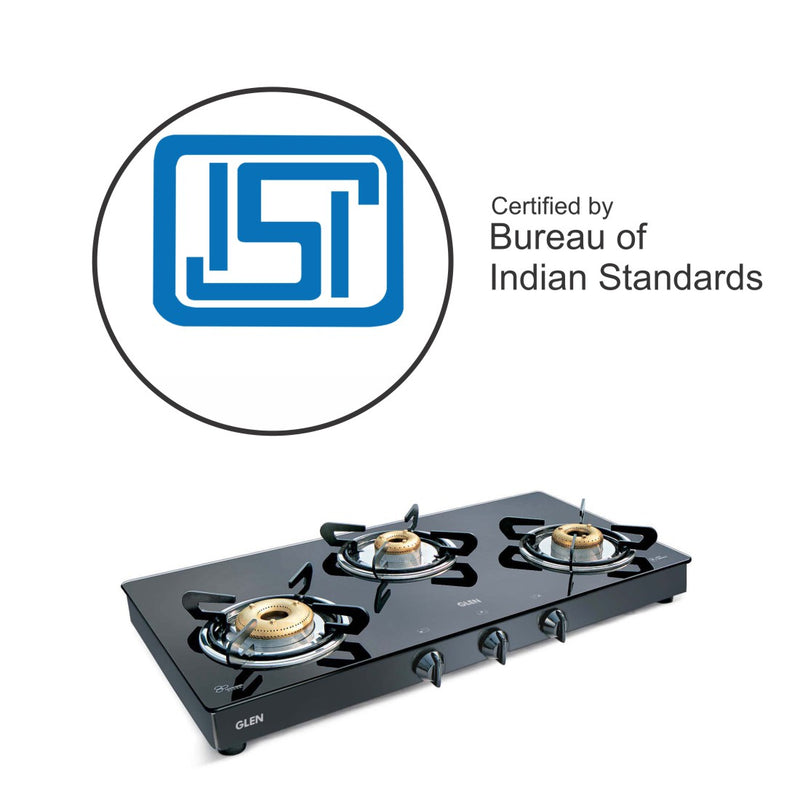 3 Burner Glass Gas Stove High Flame Forged Brass Burner XL Double Drip Tray Black (CT1033GTXLFBBLDD) - Manual/Auto Ignition