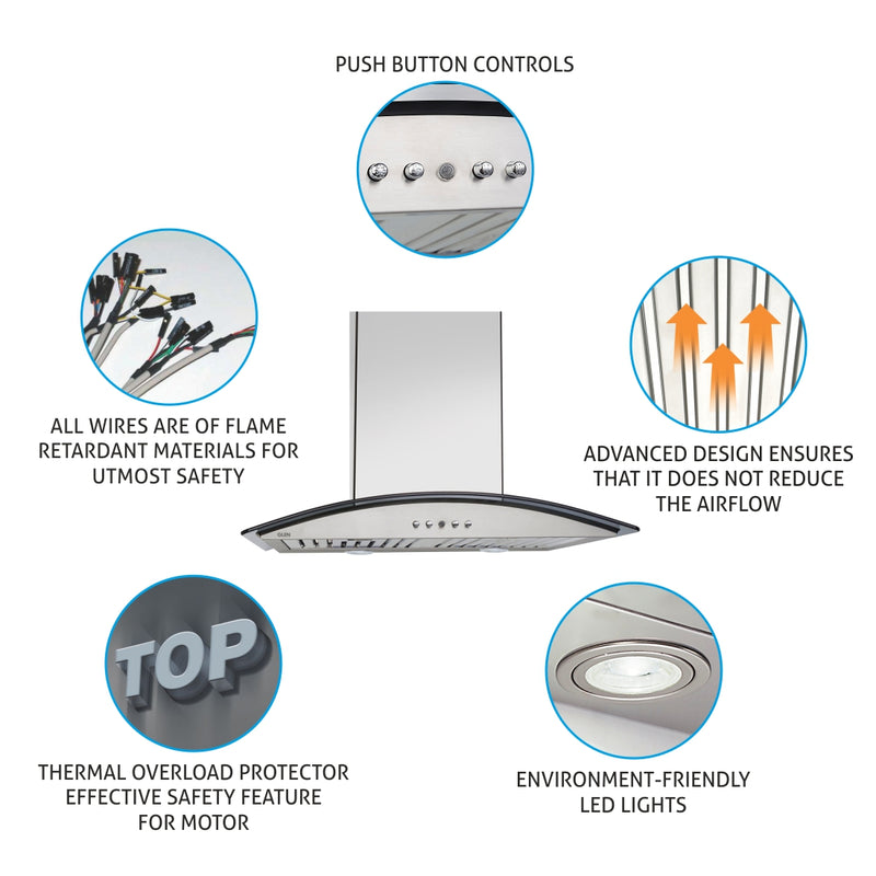 Kitchen Chimney Curved Glass Push Buttons Baffle filter 60cm 1000 m3/h -Silver (6071 SS 60)