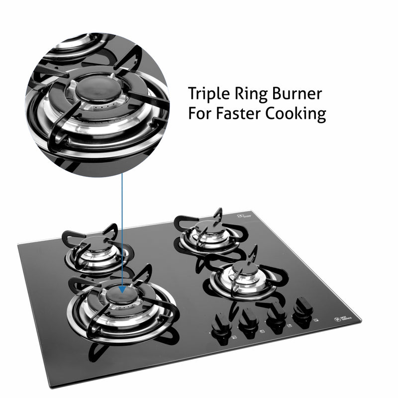 4 Burner Built in Glass Hob with triple ring burner